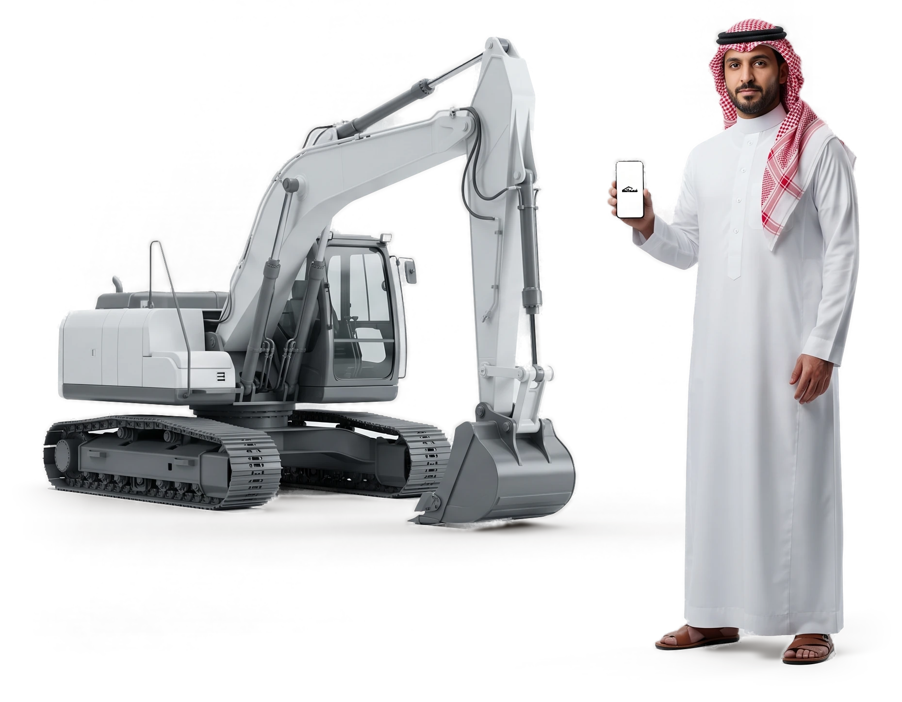 مالك شركة تأجير معدات يحمل تطبيق معداتك بجانب بوكلينه الجنزير
